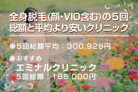 全身脱毛(顔・VIO含む)の5回総額と平均より安いクリニック